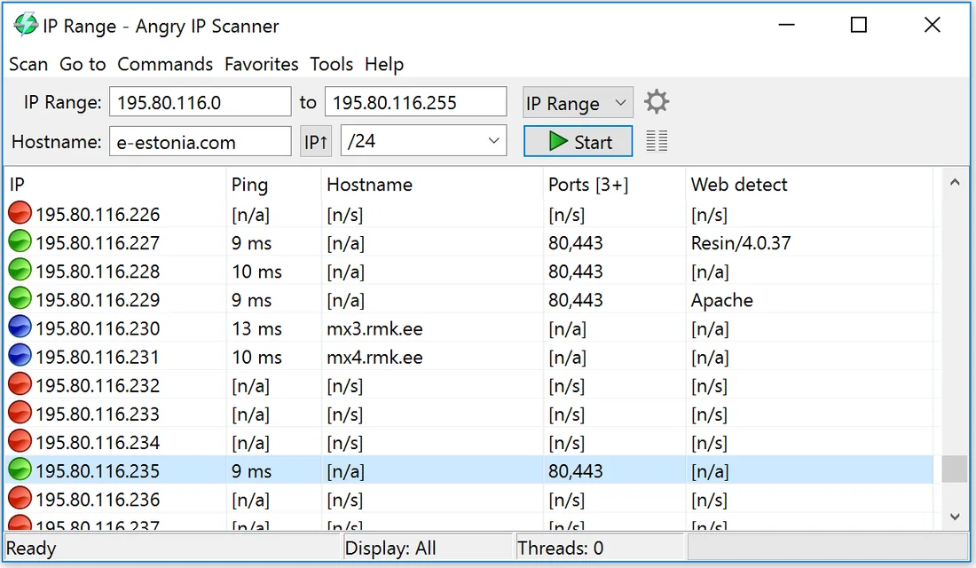 Angry IP Scanner window with a scanned /24 range and results columns