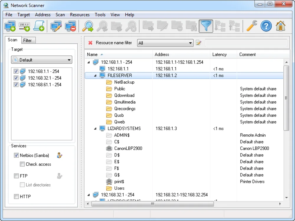 LizardSystems Network Scanner with a scanned range and a tree of computers and shares